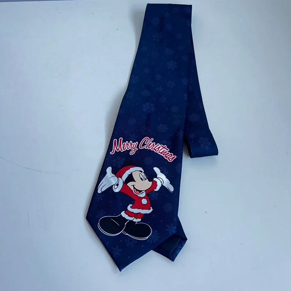 Disney Mickey Mouse Merry Christmas Navy Blue Snowflake Satin Holiday Tie New